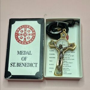 St. Benedict Medal Center Crucifix Cross Cord Necklace Pendant Heavy Gold Tone